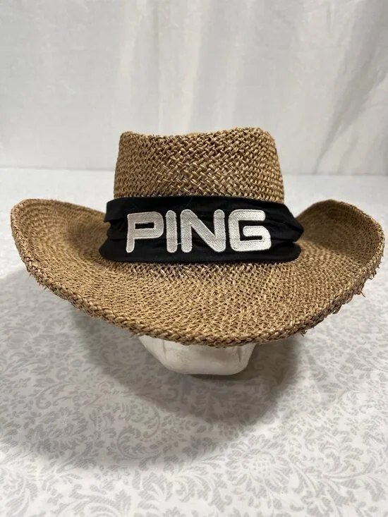 PING Golf Straw Hat USA Made L Embroidered Band Vintage Sun Fedora Mesh Karsten - Picture 2 of 10